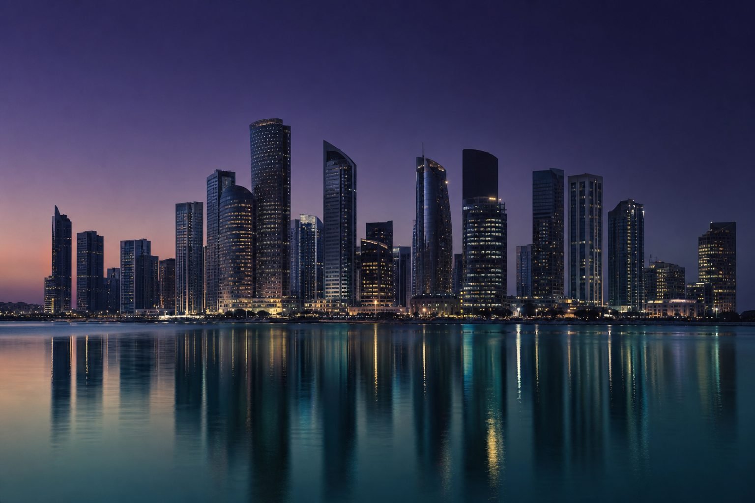 Financial district skyline at blue hour reflected in calm water