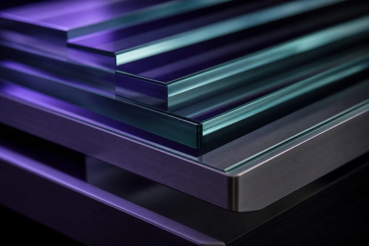 Layered precision-cut glass panels lit in violet and teal